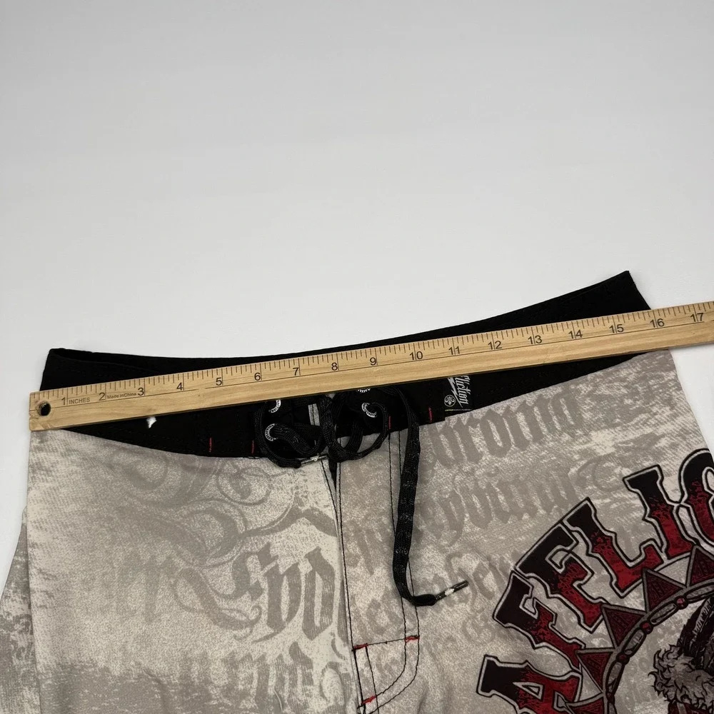 Affliction Board Shorts Mens 30 Gray Skull American Graphic Swim Surf Trunks